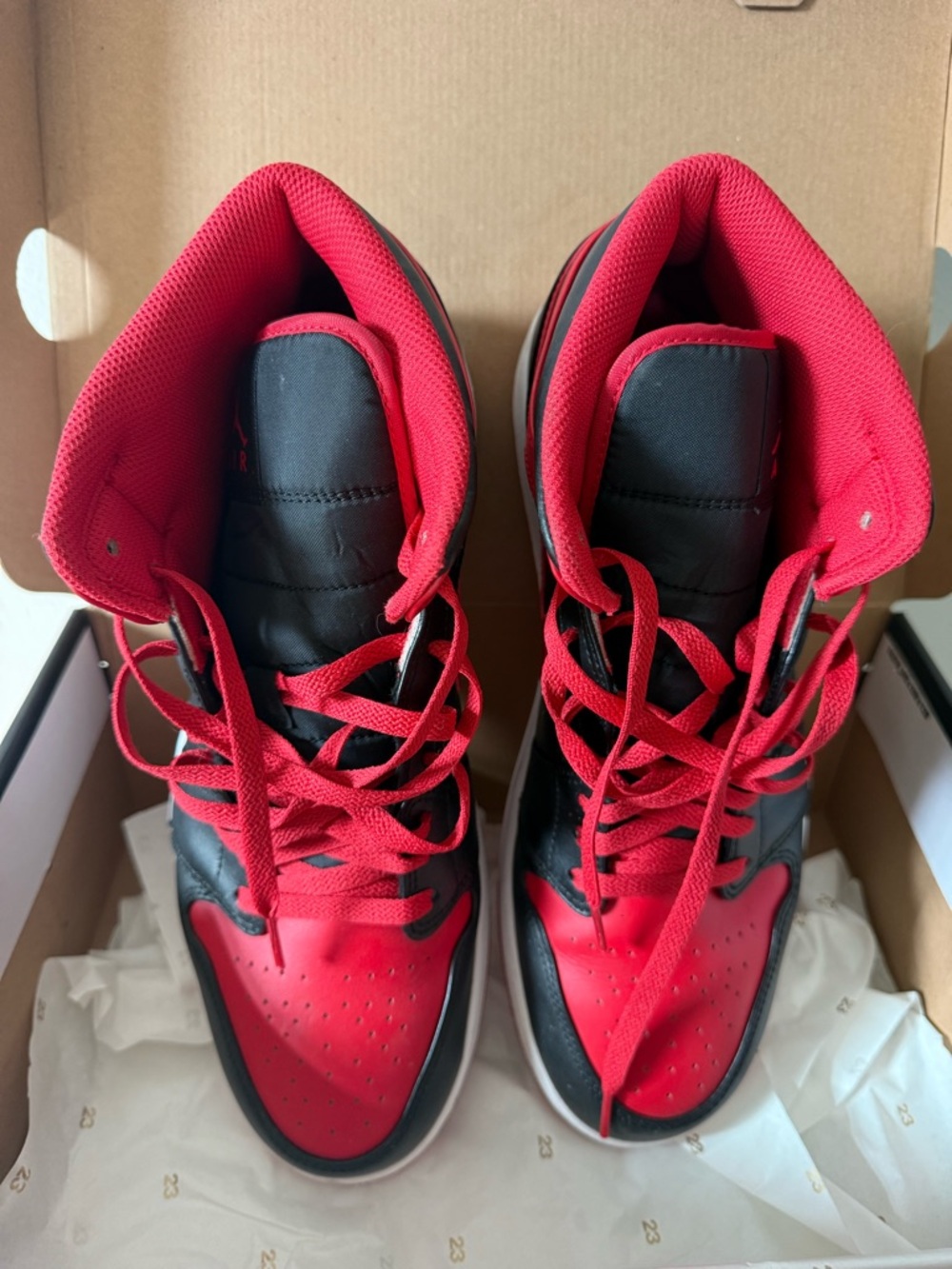 Jordan 1 Mid Nike Men’s Black and Red High-Top Sneakers - Picture 5 of 14